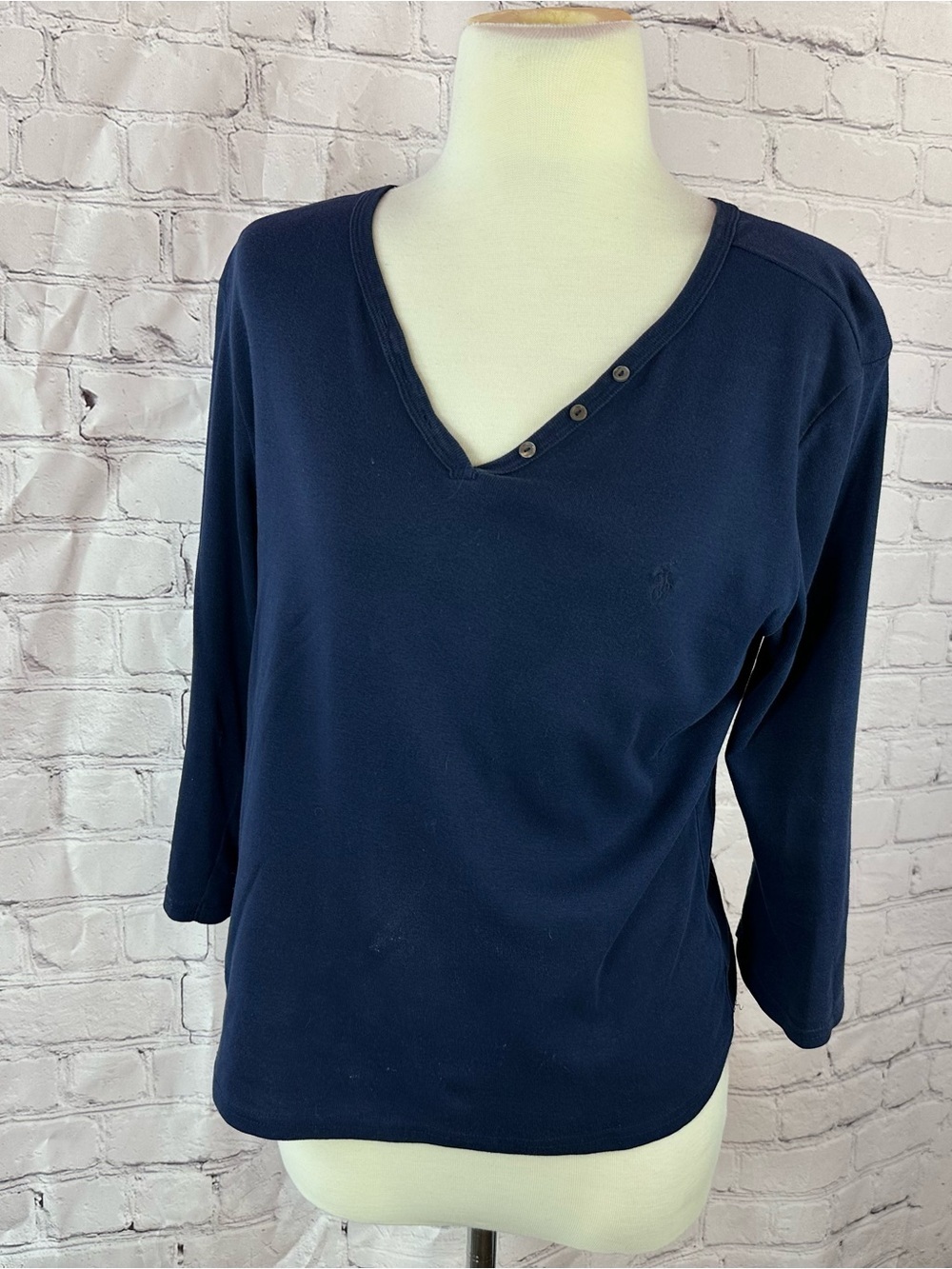 polo golf ralph lauren Navy V-Neck cotton henley tee women L layering classic